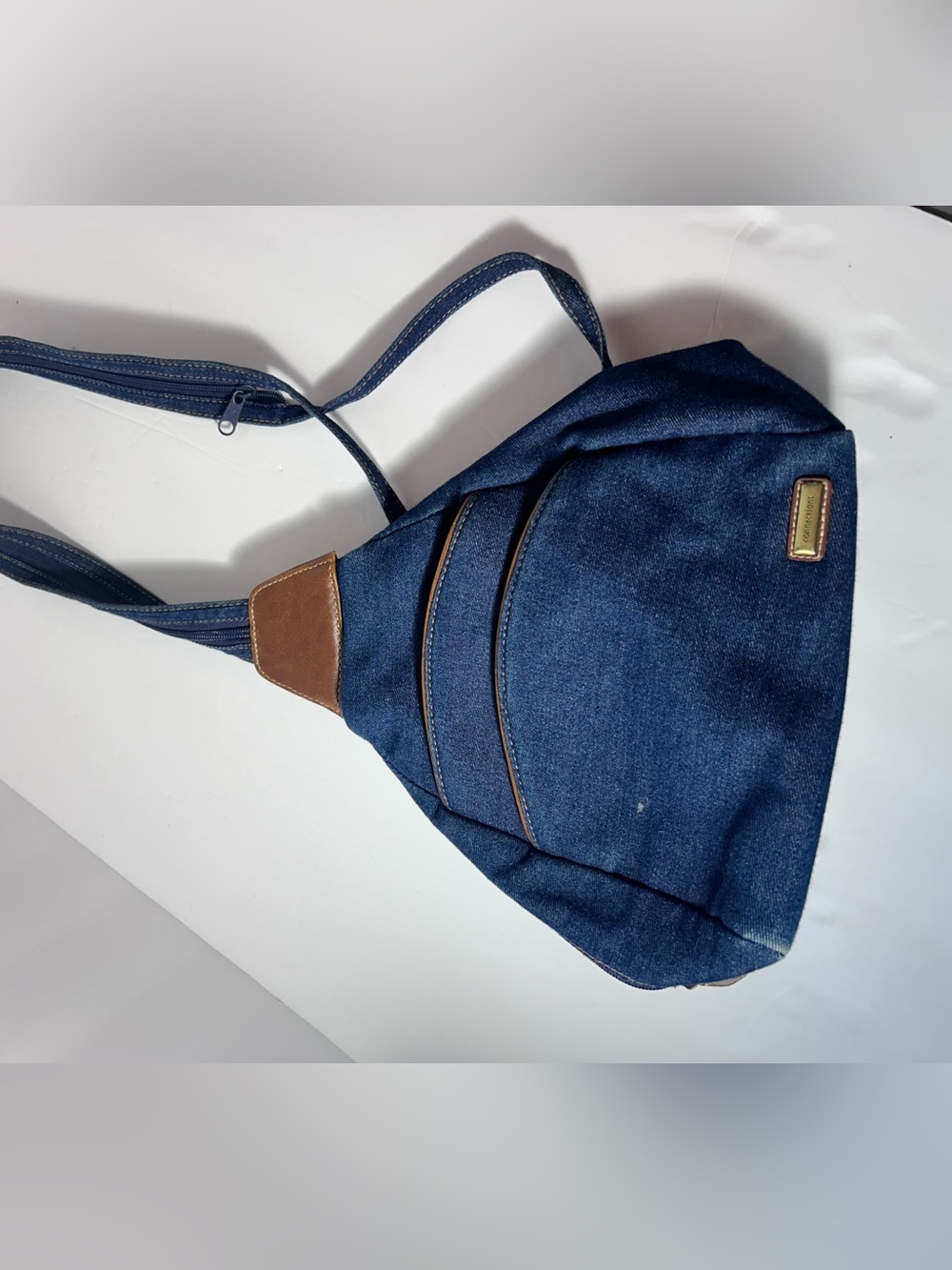 Women's Navy Denim Crossbody Sling Backpack with Brown Trim